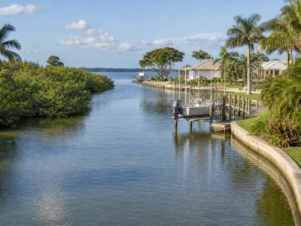 Illustration of waterfront homes with a boat held on a residential lift beside a canal.