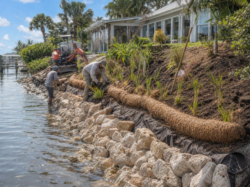 Illustration of workers placing stone and plantings along an eroded residential shoreline.