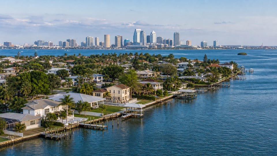 Illustration of waterfront homes and docks with a city skyline across the bay.