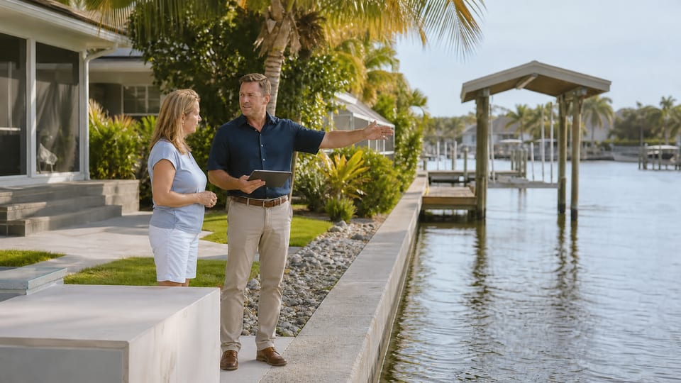 Illustration of a contractor discussing a seawall and dock with a homeowner.