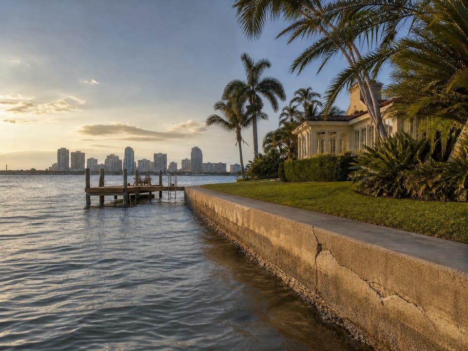 Illustration of a residential concrete seawall with a visible crack near the waterline.