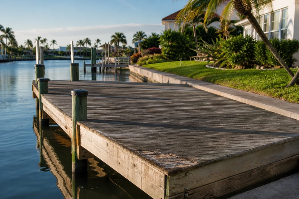 Illustration of a weathered residential dock beside a canal-front home.
