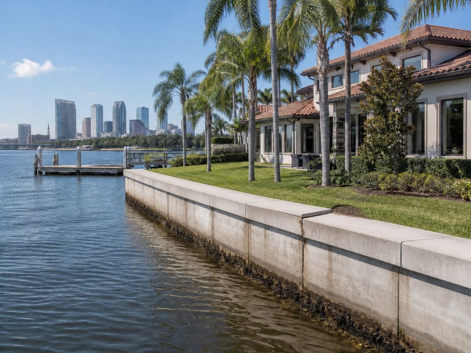 Illustration of a residential waterfront seawall with a localized crack, displaced cap, and soil loss.