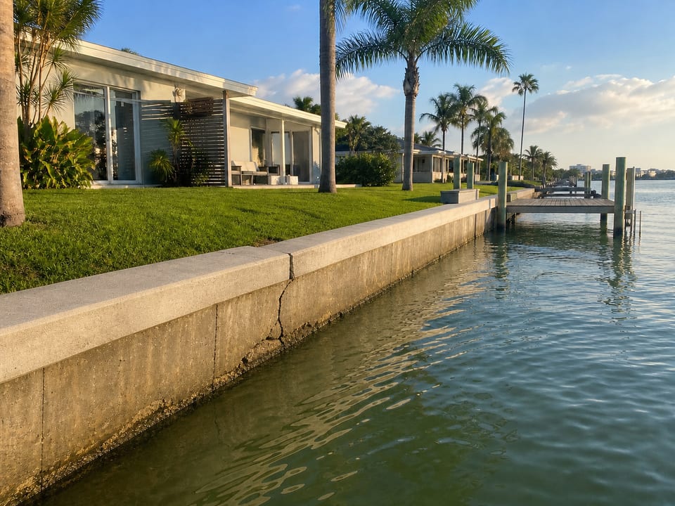 Illustration of a canal-front concrete seawall with localized cracking and surface spalling.