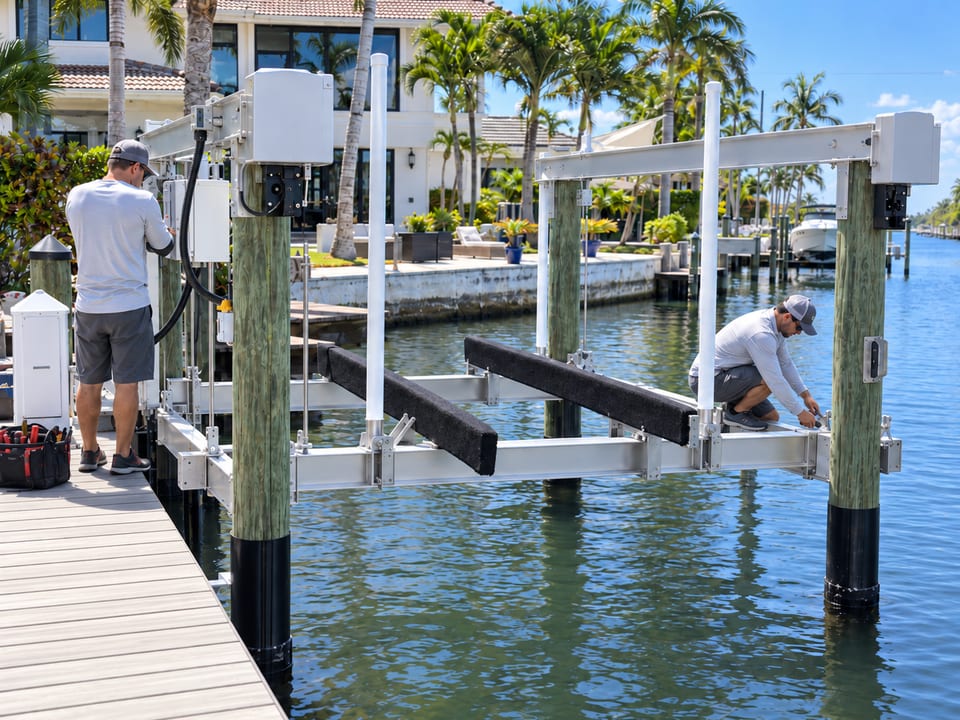 Two workers working on a boat lift at a waterfront dock.