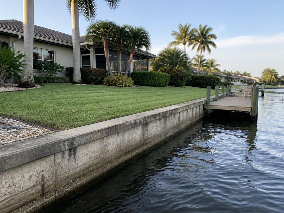 Illustration of a waterfront home with an existing concrete seawall and residential dock.