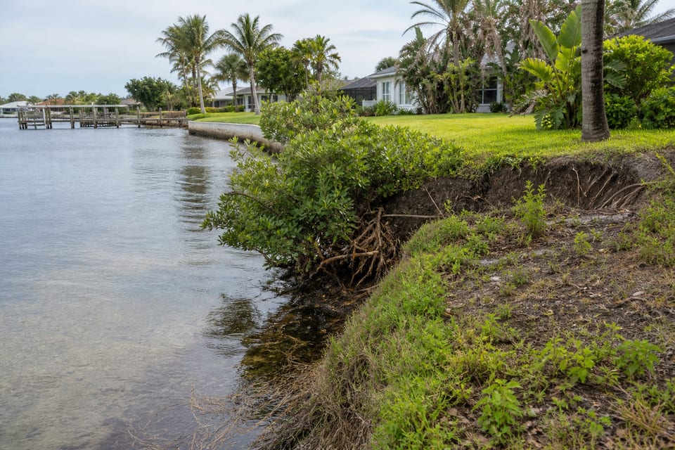 Illustration of an eroded residential shoreline with exposed roots beside a canal.