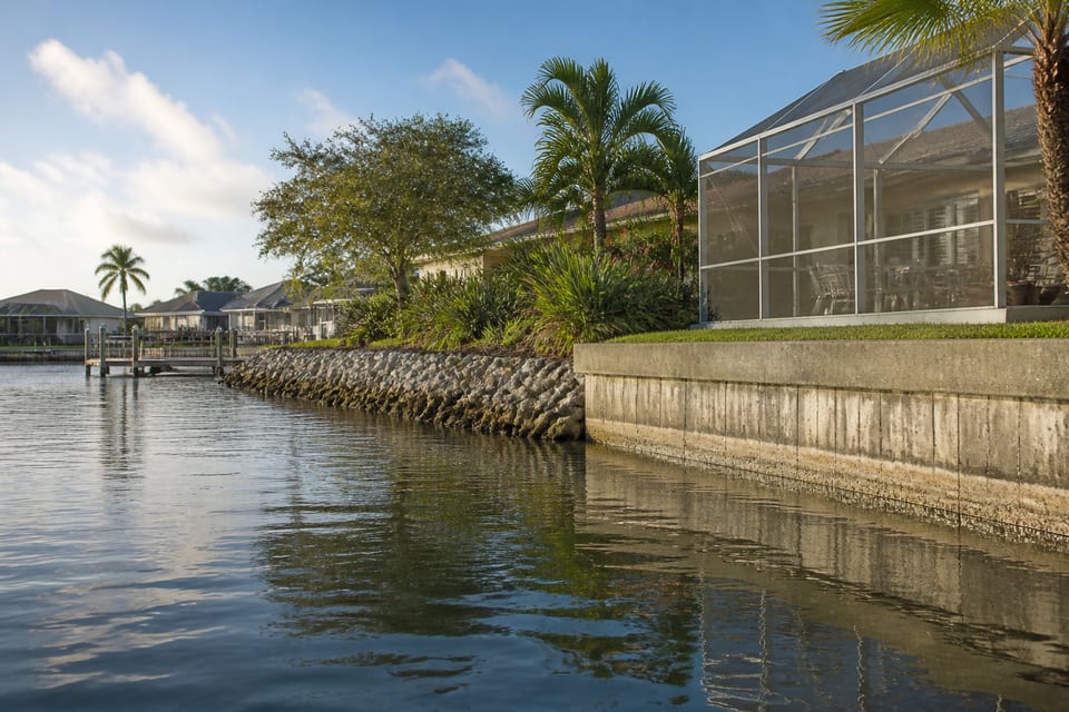 Illustration comparing neighboring waterfront properties with riprap and a concrete seawall.